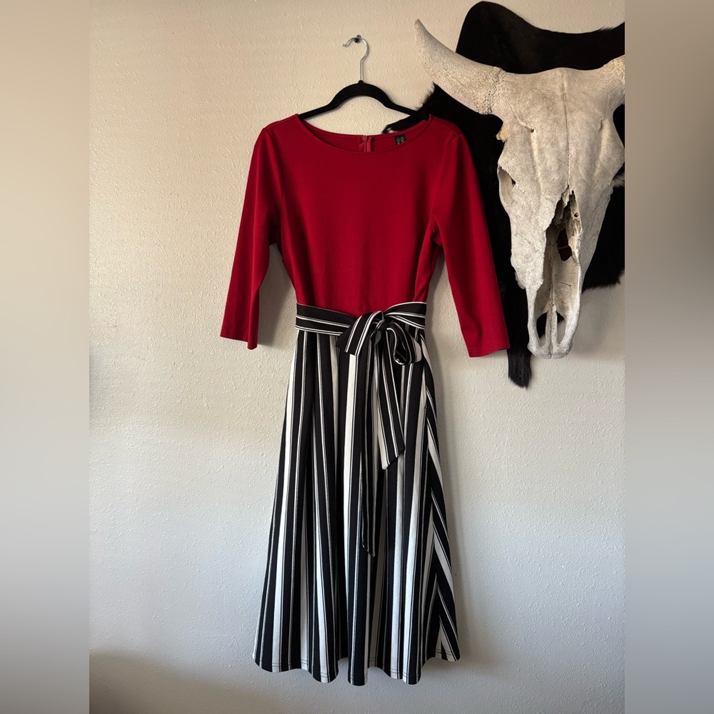 Women’s Red Long Sleeve Dress With Black and White Stripes